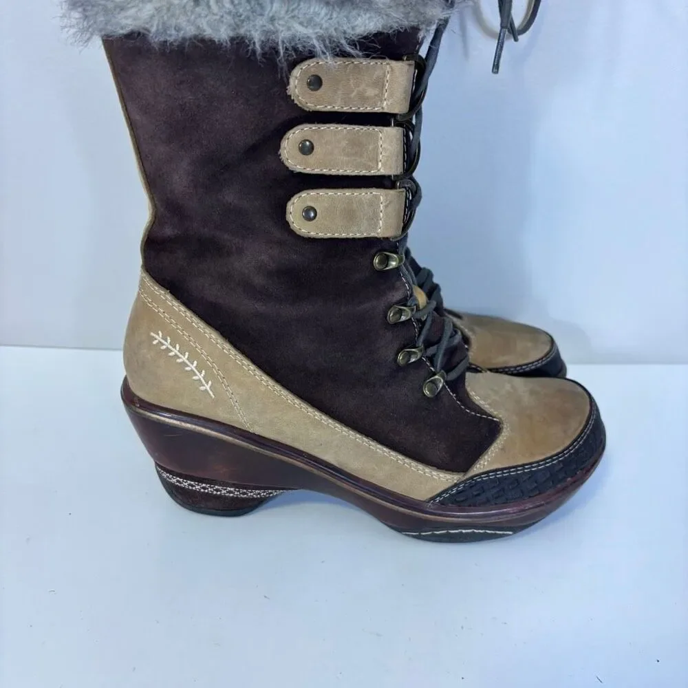 Jambu Brown and Tan Suede Lace Up Fur Top Heeled Tall Boots‎ 6
